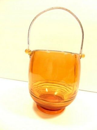 Vintage Amber Colored Glass Ice Bucket With Hammered Handle