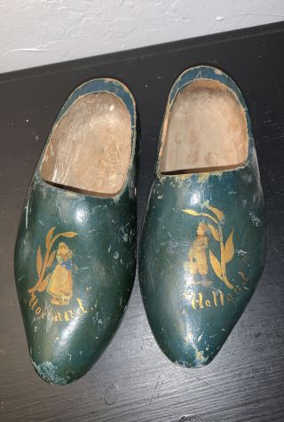 Vintage Dutch Wooden Shoes Carved Hand Painted Clogs Holland 7.  5 " Man Woman