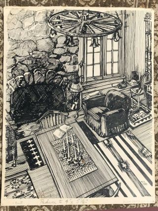 1948 Vintage Pen And Ink Of Lodge Interior By Massachusetts Illustrator M.  Barry