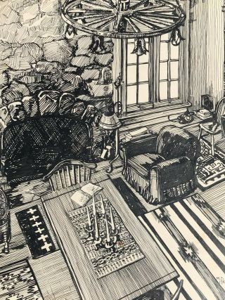 1948 Vintage Pen and Ink of Lodge Interior by Massachusetts Illustrator M.  Barry 2