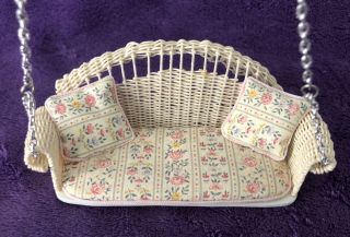 Vintage Dollhouse Miniature Artisan Signed Taylor Wicker Porch Hanging Swing