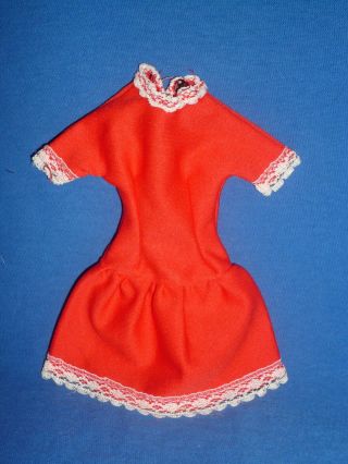 Vintage 1970s Drop Waist Red Dress With White Lace Trim To Fit Barbie