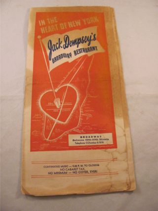 Vintage Jack Dempsey Broadway Restaurant Menu Autographed Auto Nyc 13 In