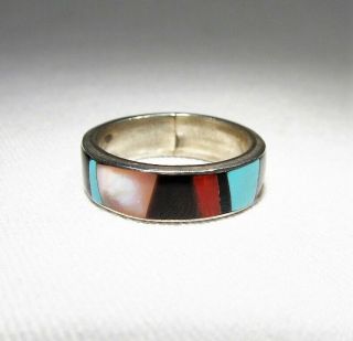 Vintage Zuni Sterling Silver Multi Stone Inlay Wrapped Band Ring Signed C2620