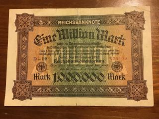 German Banknote.  1 Million Mark.  Dated 1923.  Vintage Note.  Reichsbanknote.