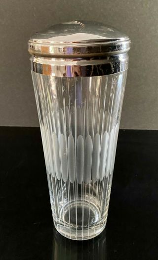 Vintage 1930 ' s Art Deco ETCHED GLASS Cocktail Shaker with Chrome Top - 2