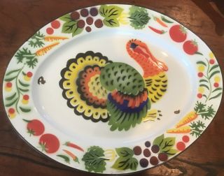Vtg Painted Enamel Ware Turkey Serving Platter Tray Thanksgiving Hong Kong