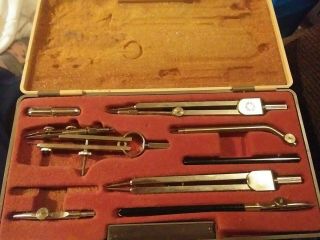 Vintage Gramercy Drafting Compass Set Germany In Metal Case 9 Tools