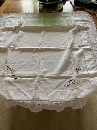 Antique Vintage Cotton Hand Embroidered Lace Work Crochet Square Table Cloth Whi