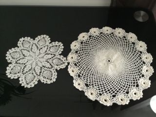 Two Vintage Hand Made Crochet Lace Doilies Mats 24 Cm And 17 Cm In Diameters.