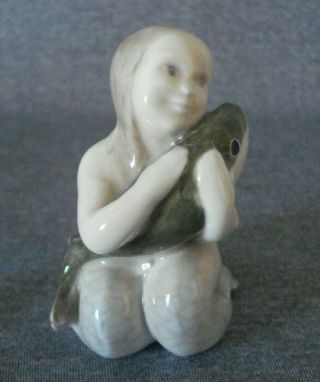 Vintage Small Royal Copenhagen Porcelain Figurine Mermaid Holding Fish 2348