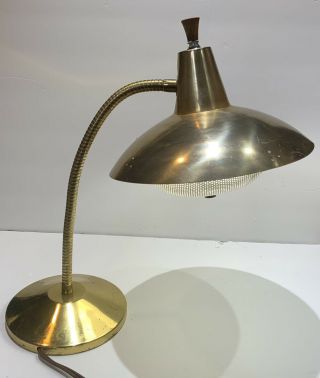 Vintage Mid - Century Modern Goose Neck Table Lamp Pierced Brass Shade Walnut Wood