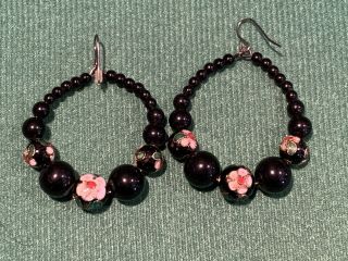 Vintage Chinese Enamel Cloisonne Black Pink Floral Hoop Earrings 2 Inch $1 Start