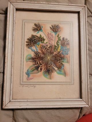 Signed Ida Bisek Prokop Prairie Pictures Feathers Flowers Framed Vintage