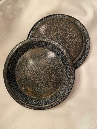 Vintage Black & Grey Enamelware Pie Plates Set Of 2 Granite Ware 9 1/2 " Wide