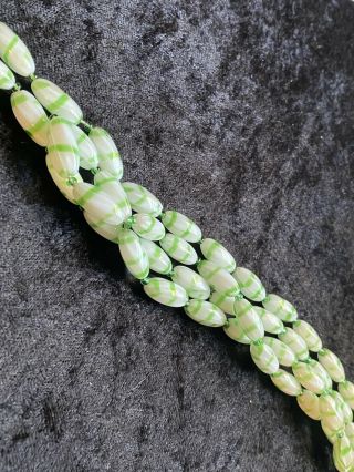 Delightful Green And White Striped Vintage Glass Beaded Necklace Long Length