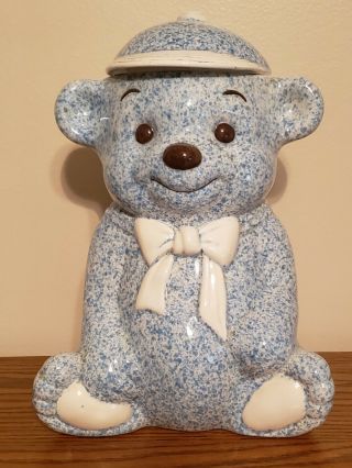 Vintage Treasure Craft Teddy Bear Sponge Paint Blue Baseball Cap Euc Cookie Jar
