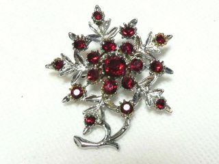 Vintage Pretty Silvertone Dark Red Rhinestone Snowflake Floral Flower Brooch