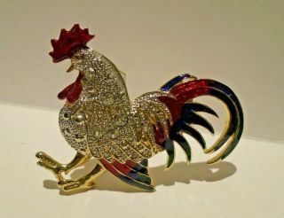 Vintage Gold Tone Rhinestones Chicken Rooster Hen Green Eyes Brooch Pin Pendant