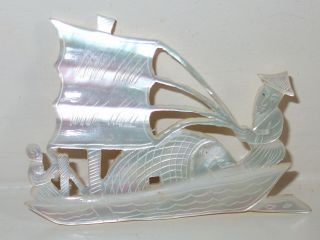 Stunning Vintage Chinese Carved Mother Of Pearl Junk Boat & Fish Design Brooch