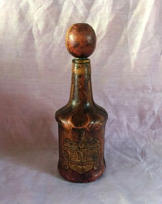 Vintage Leather Covered Glass Whiskey Liquor Wine 11 " Bottle With Stopper