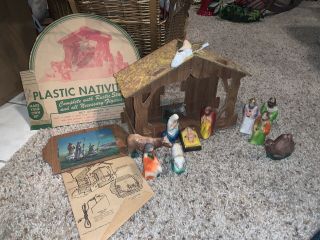 Vintage Mid - Century Plastic Christmas Nativity Set 1950’s? With Insert
