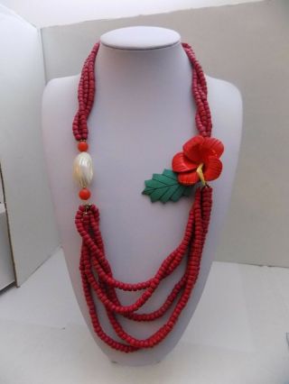 Vintage Red Carved Hibiscus Flower Wood Mother Of Pearl Shell Bead 26 " Necklace
