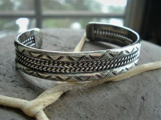 Vintage Native American Navajo Sterling Silver Stamped Rope Braid Cuff Bracelet