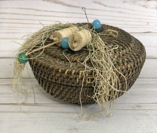 Vintage Woven Wicker Chinese Sewing Basket With Lid 5 " Tassels Beads Coin Lined