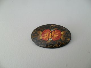 Vintage Signed Hand Painted Russian Lacquered Papier Mache Flower Brooch Pin