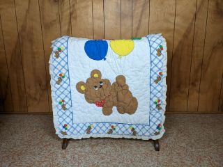 Vintage Thats Our Baby Quilted Crib Blanket Bear Balloons Ruffle 1980s