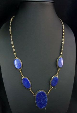Natural Lapis Lazuli Gemstone Stone Old Silver Vintage Afghan Handmade Necklace