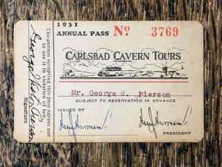 1931 Annual Pass To Carlsbad Cavern Mexico Eighth Wonder Of The World