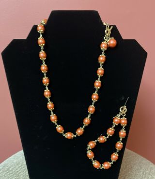 Vtg Sarah Coventry Bead Necklace And Bracelet Orange And Gold/ Toggle Clasps