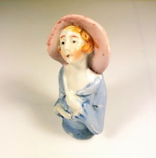Vintage Porcelain Half Doll Pin Cushion Pink Blue Redhead Blonde Japan 3 "