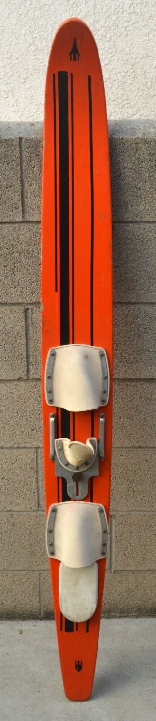 Vintage Wooden Slalom Water Ski 67 " With Bindings And Aluminum Fin