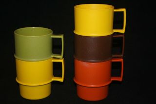 Set Of 5 Vintage Tupperware Stackable Coffee Cups Mugs 1312 Harvest Colors