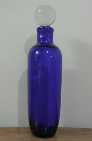 Vintage Signed Hand Blown Blenko Cobalt Blue Glass Decanter With Clear Stopper