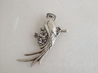 Large Vintage Mexico Silver Quetzal Parrot Bird Pin Brooch