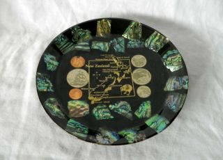 Fiordland Zealand South Seas Paua Abalone & Coins Souvenir Plate