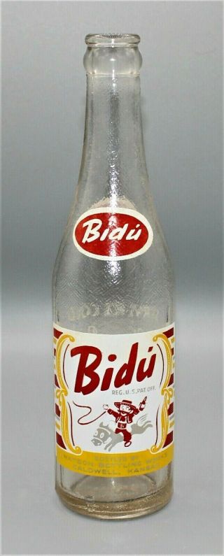 4644 Vintage Very Rare Bidu Clear Glass Tri - Color Acl Soda Bottle Caldwell Ks