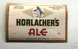 Vintage Irtp Horlacher Ale - Brewing Co Quart Beer Bottle Label Allentown Pa