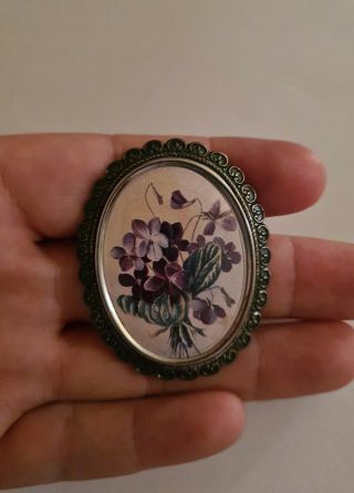 Vintage Thomas L Mott Flower Violets Brooch Oval Silver Tone Signed Tlm Chic