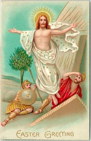 Vintage 1910 Easter Greetings Embossed Postcard Jesus Christ Rising From Tomb