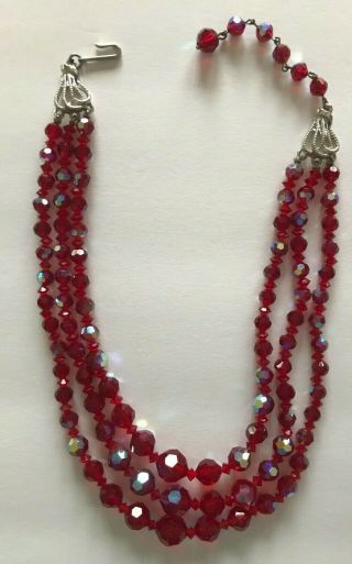Vintage16 " Choker Style 3 Strand Red Bead Crystal Aurora Borealis Necklace