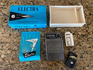 Vintage Electra Transistor Radio Solid State 6 Box & Earphones 9v Batt