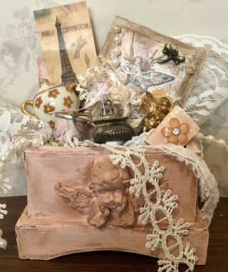Dollhouse Miniature Shabby Chic Filled Vintage Hope Chest Artisan: Ooak 1:12