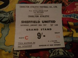 Charlton Athletic V Sheffield United Vintage 1967 Fa Cup 3rd Rnd.  Match Ticket.