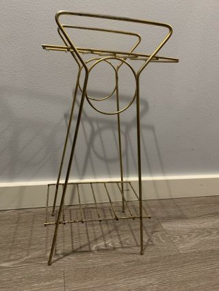 Vintage Mid Century Gold Tone Metal Wire Plant Telephone Side 2 Tiered Stand