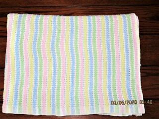 Vtg Thermal Pastel Stripe Waffle Weave 100 Cotton Baby Crib Blanket Made In Usa